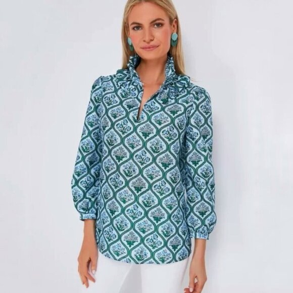 Tuckernuck Tops - TUCKERNUCK Ruffle Neck Bouvier Blouse in Hyacinth Medallion - Size Medium
